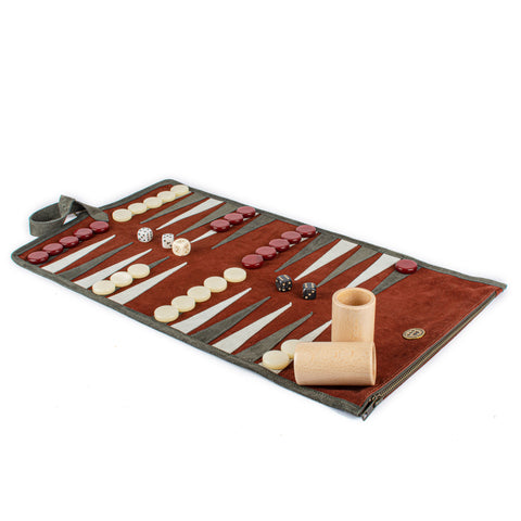 BURGUNDY RED SUEDE ROLL-UP Backgammon