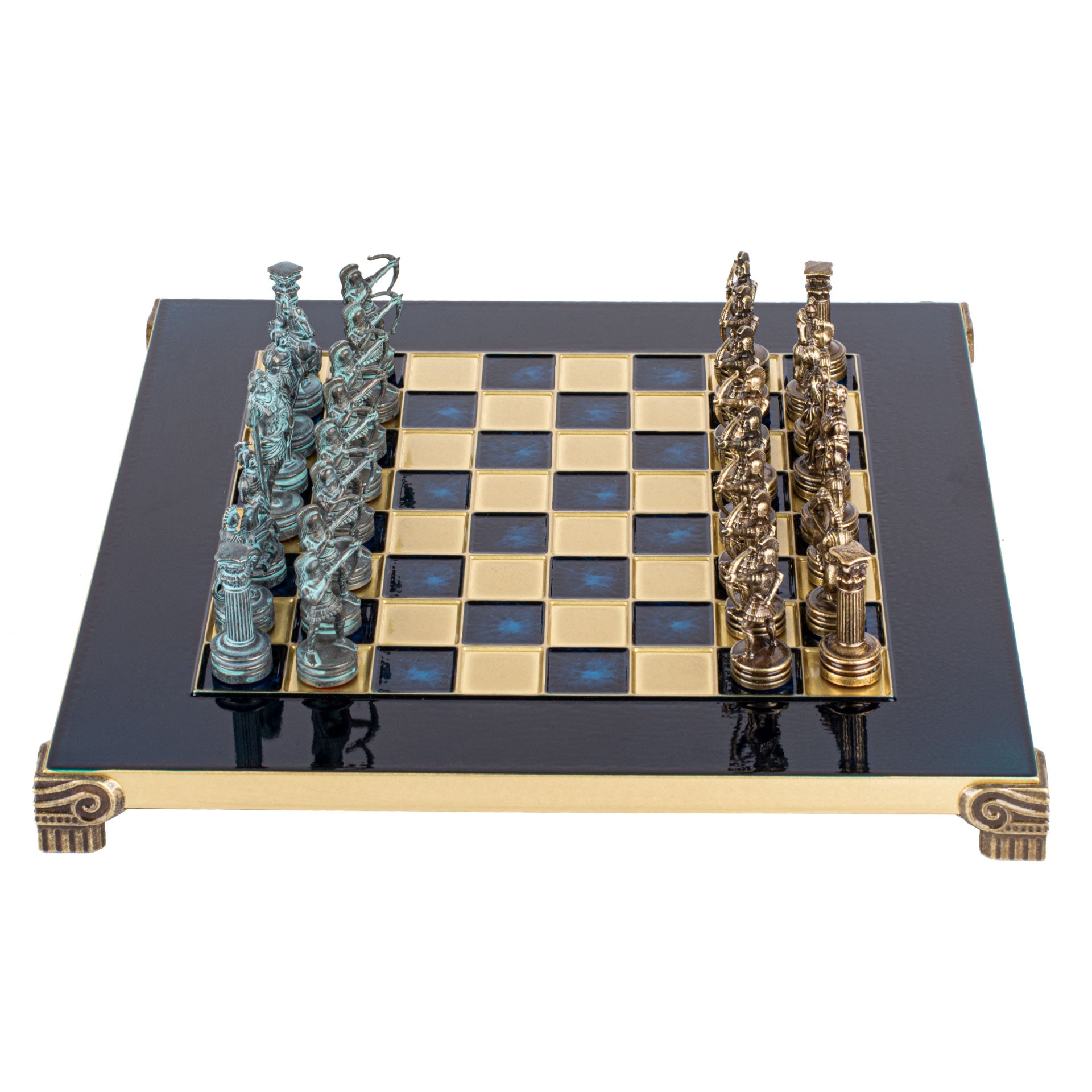 Handcrafted Luxury Archers Chess Set - Blue/Brass & Bronze Board