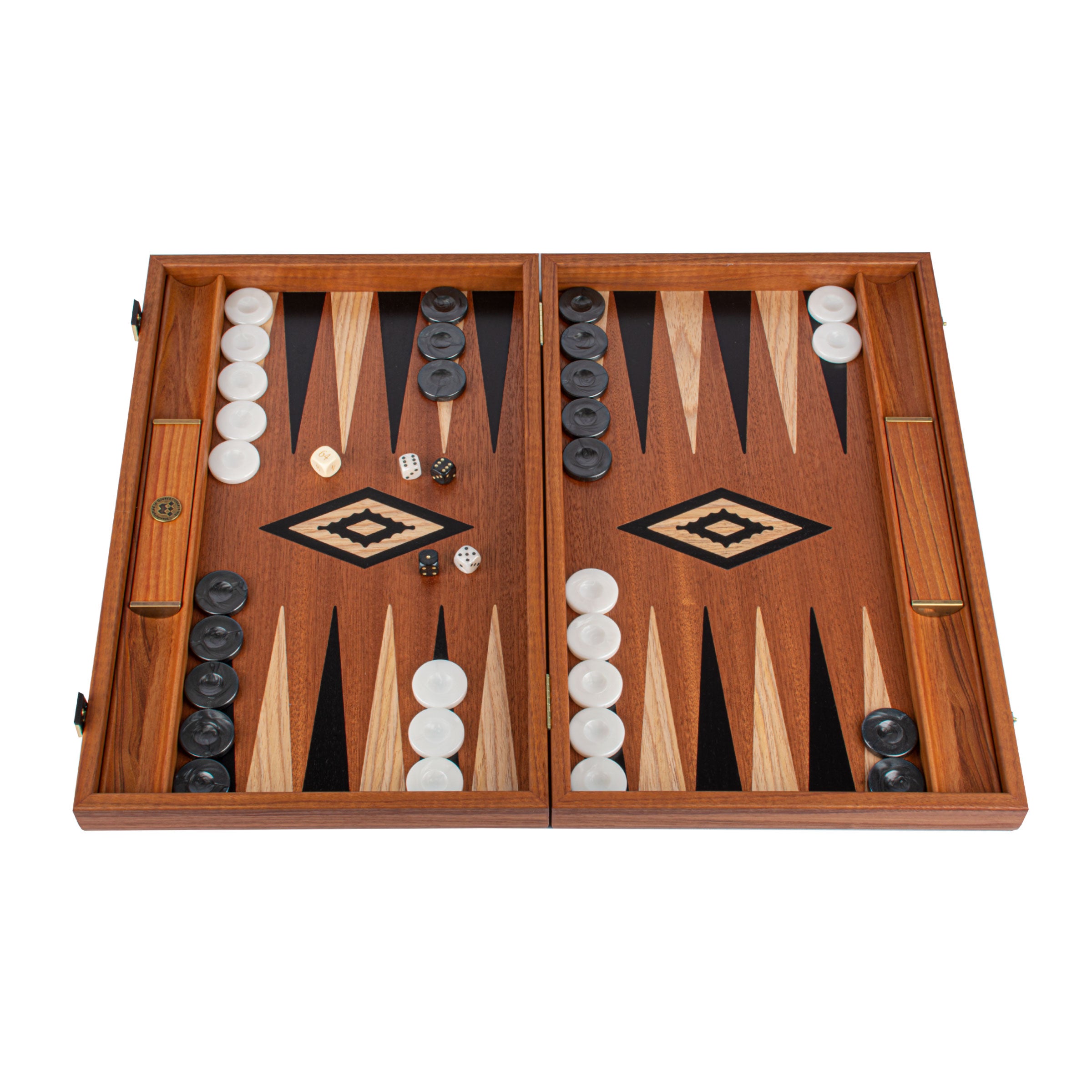 Backgammon In Mogano Wooden Manopoulos - Con 23 Rack, Dadi E Sacchetto - 48x30 Cm Chiuso - Foto 3