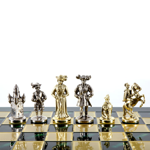 MEDIEVAL KNIGHTS CHESS SET with gold/silver chessmen and bronze chessboard 44 x 44cm  (Large)