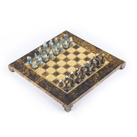 CYCLADIC ART SOLID BRASS CHESS SET with blue/brown chessmen and bronze chessboard 28 x 28cm (Small)