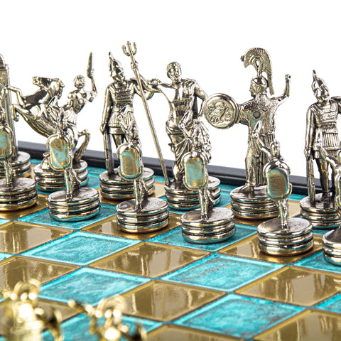 GREEK MYTHOLOGY CHESS SET in wooden box with gold/silver chessmen and bronze chessboard 34 x 34cm (Medium)