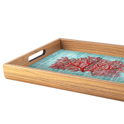 WOODEN TRAY with printed design - CORAL