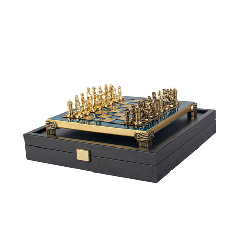 BYZANTINE EMPIRE CHESS  SET with gold/brown chessmen and bronze chessboard 20 x 20cm (Extra Small)