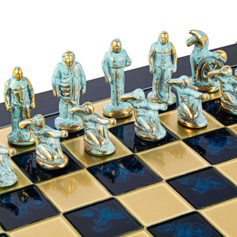 ARCHAIC PERIOD CHESS SET - Solid Brass with blue/brown chessmen and bronze chessboard 44 x 44cm (Large)
