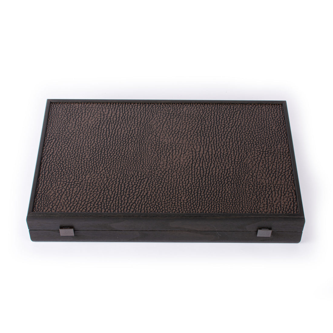 Open black leatherette backgammon set with white and black checkers and dice by MANOPOULOS Chess and Backgammon featuring elegant Greek craftsmanship