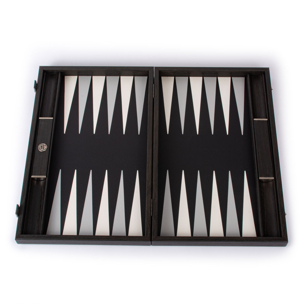 Open black leatherette backgammon set with contrasting ivory points, handcrafted in Greece by MANOPOULOS Chess and Backgammon for elegant play and timeless home decor