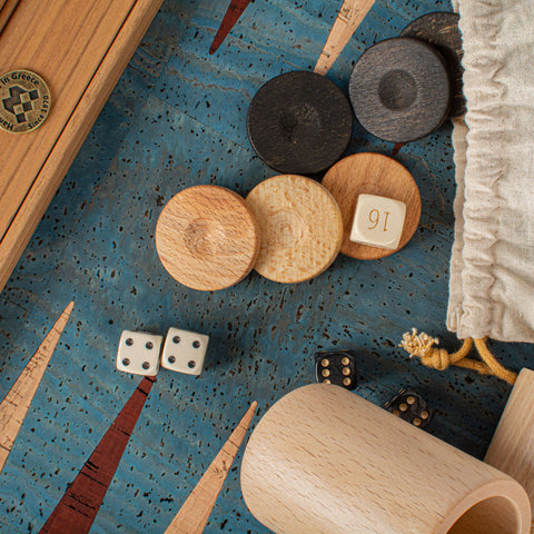 TURQUOISE NATURAL CORK Backgammon (with oak wood checkers)