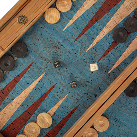 TURQUOISE NATURAL CORK Backgammon (with oak wood checkers)