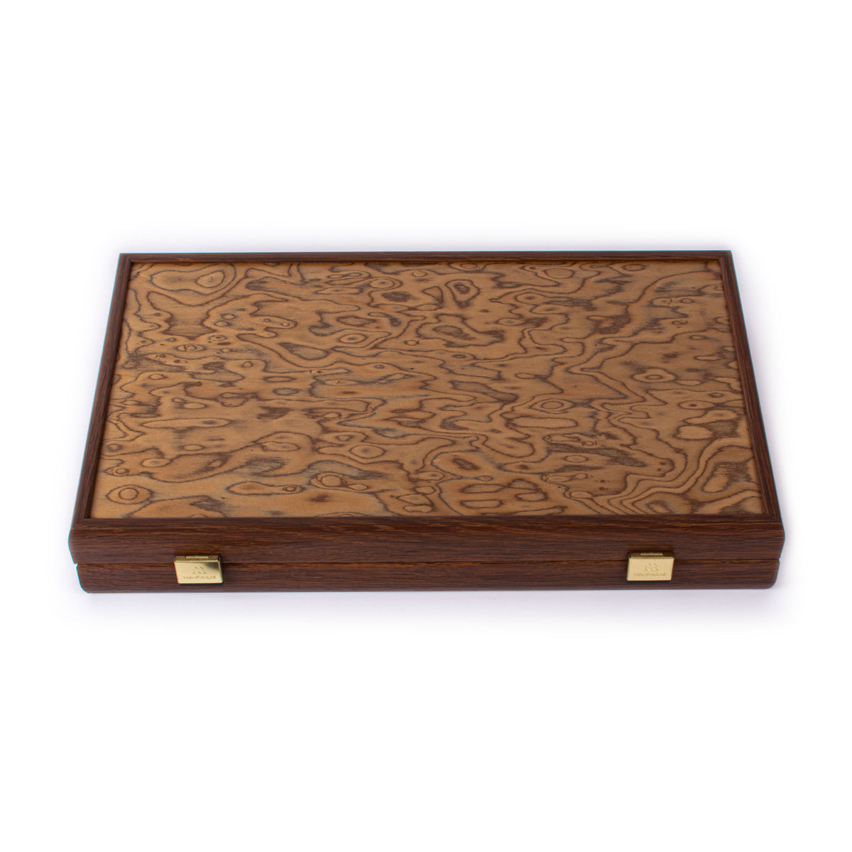 Closed handcrafted walnut burl backgammon set with rich swirling grain and brass clasps by MANOPOULOS Chess and Backgammon Greek artisan luxury game decor