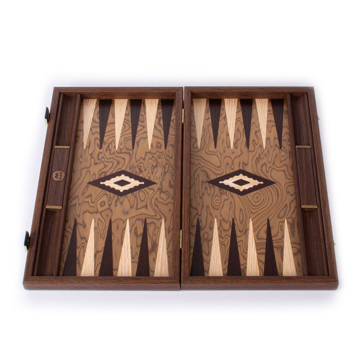 Open handcrafted walnut burl backgammon set with patterned playing points and side racks by MANOPOULOS Chess and Backgammon showcasing Greek craftsmanship