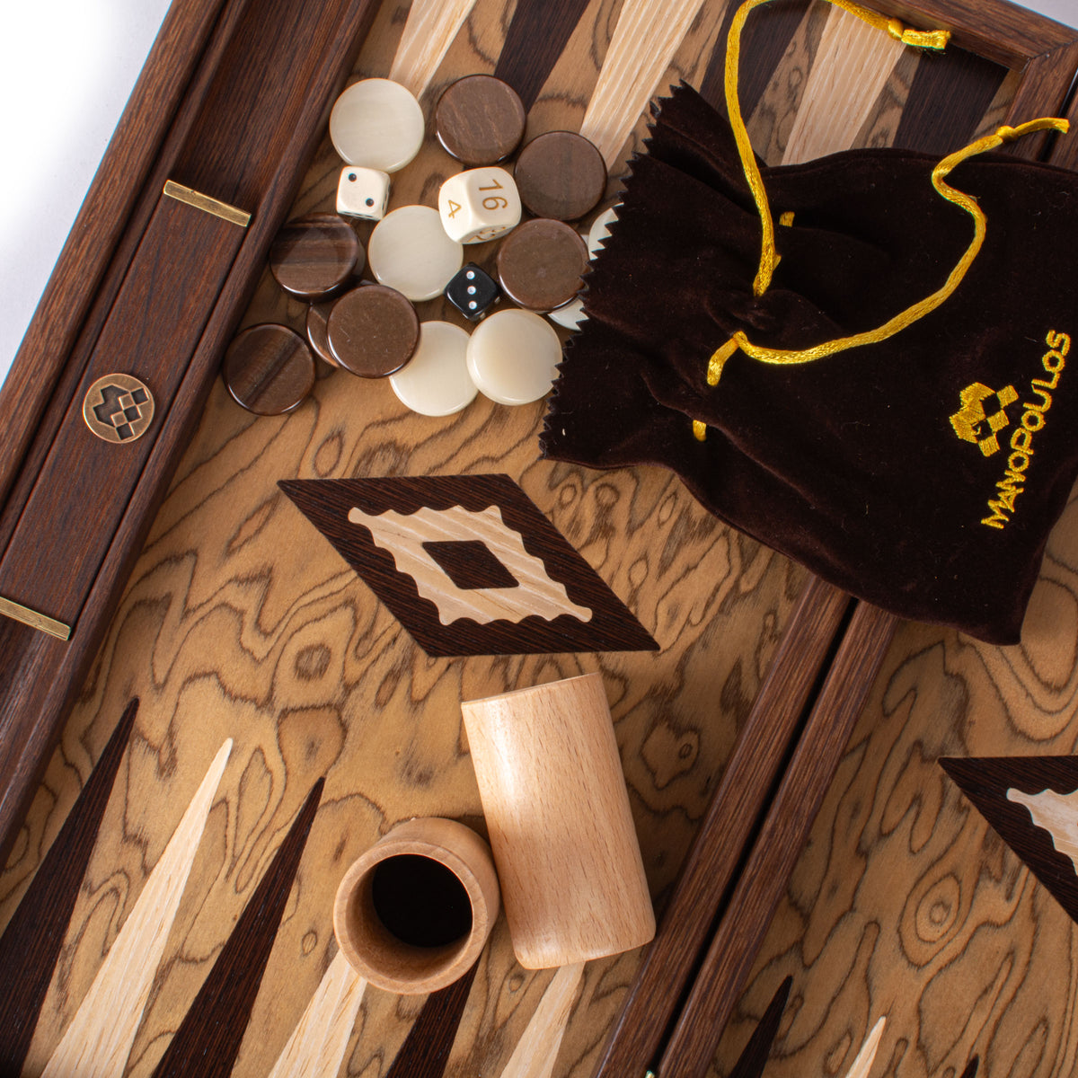 Handcrafted walnut burl backgammon board by MANOPOULOS Chess and Backgammon with wooden checkers dice cup and velvet accessory pouch