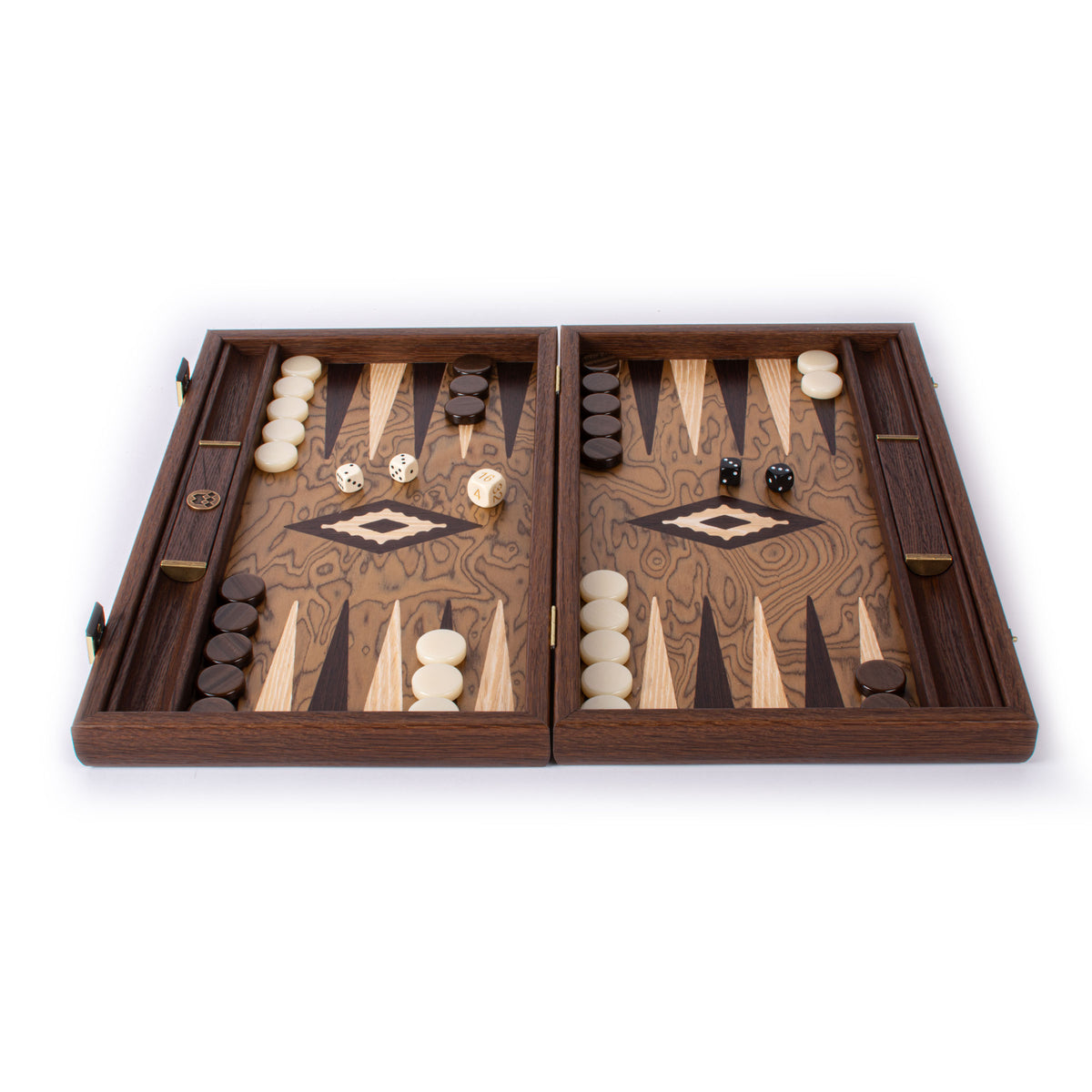 Open handcrafted walnut burl backgammon set with inlaid points playing pieces dice and side racks by MANOPOULOS Chess and Backgammon Greek craftsmanship