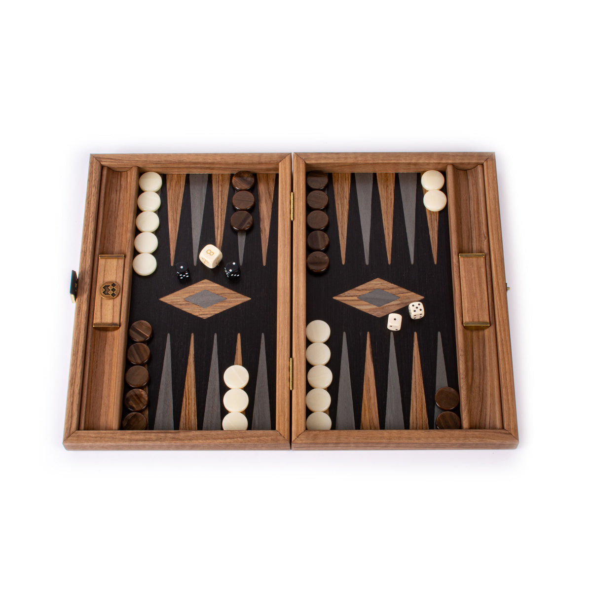 Open luxury backgammon set in American walnut and black oak with black playing surfaces and wooden pieces by MANOPOULOS Chess and Backgammon handcrafted in Greece