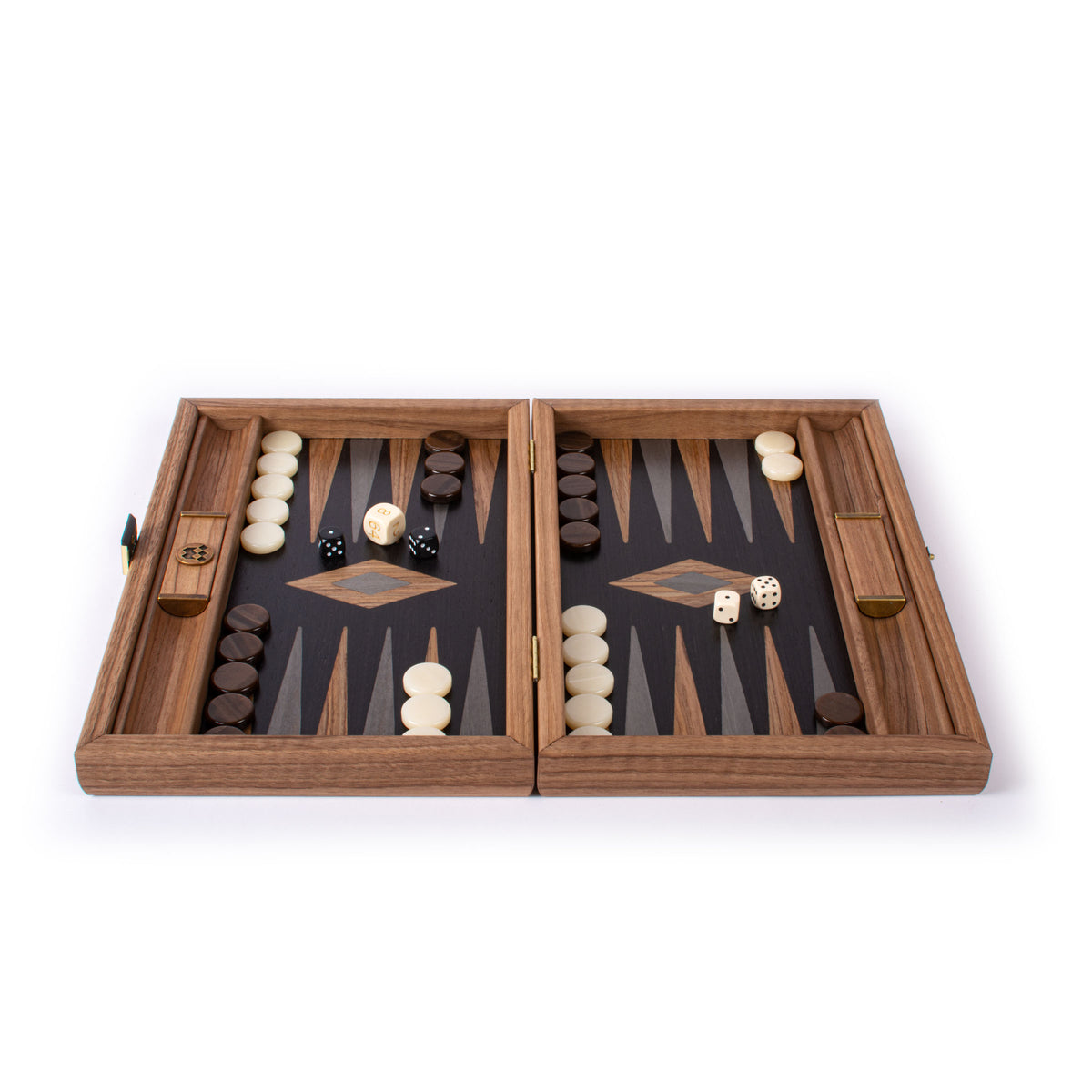 Open handcrafted walnut backgammon set with black oak playing surface cream and dark checkers dice and compartments by MANOPOULOS Chess and Backgammon