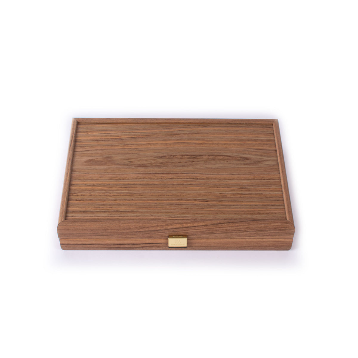 Closed premium handcrafted walnut backgammon set by MANOPOULOS Chess and Backgammon with rich wood grain and brass clasp showcasing Greek craftsmanship and timeless design