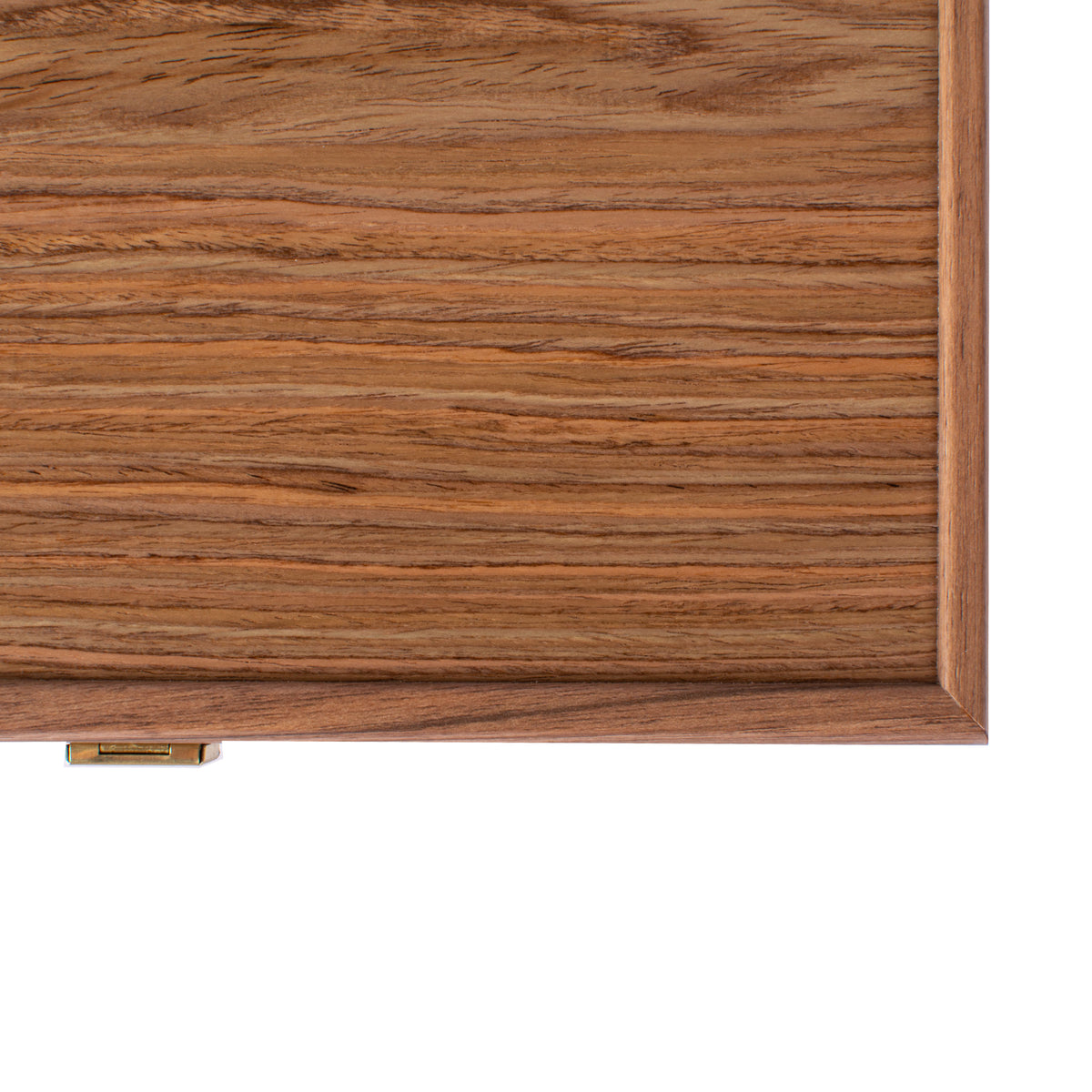 Close up of a handcrafted American walnut backgammon case with rich wood grain and refined detailing by MANOPOULOS Chess and Backgammon