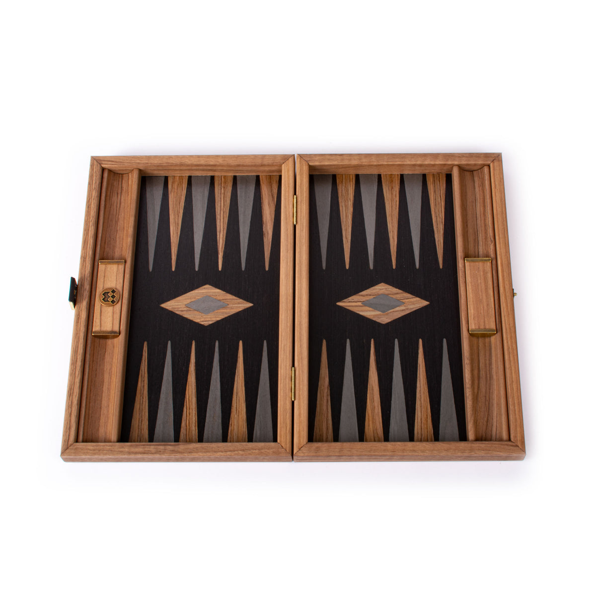 Open handcrafted walnut and black oak backgammon board with striking dark points and inlaid playing fields by MANOPOULOS Chess and Backgammon