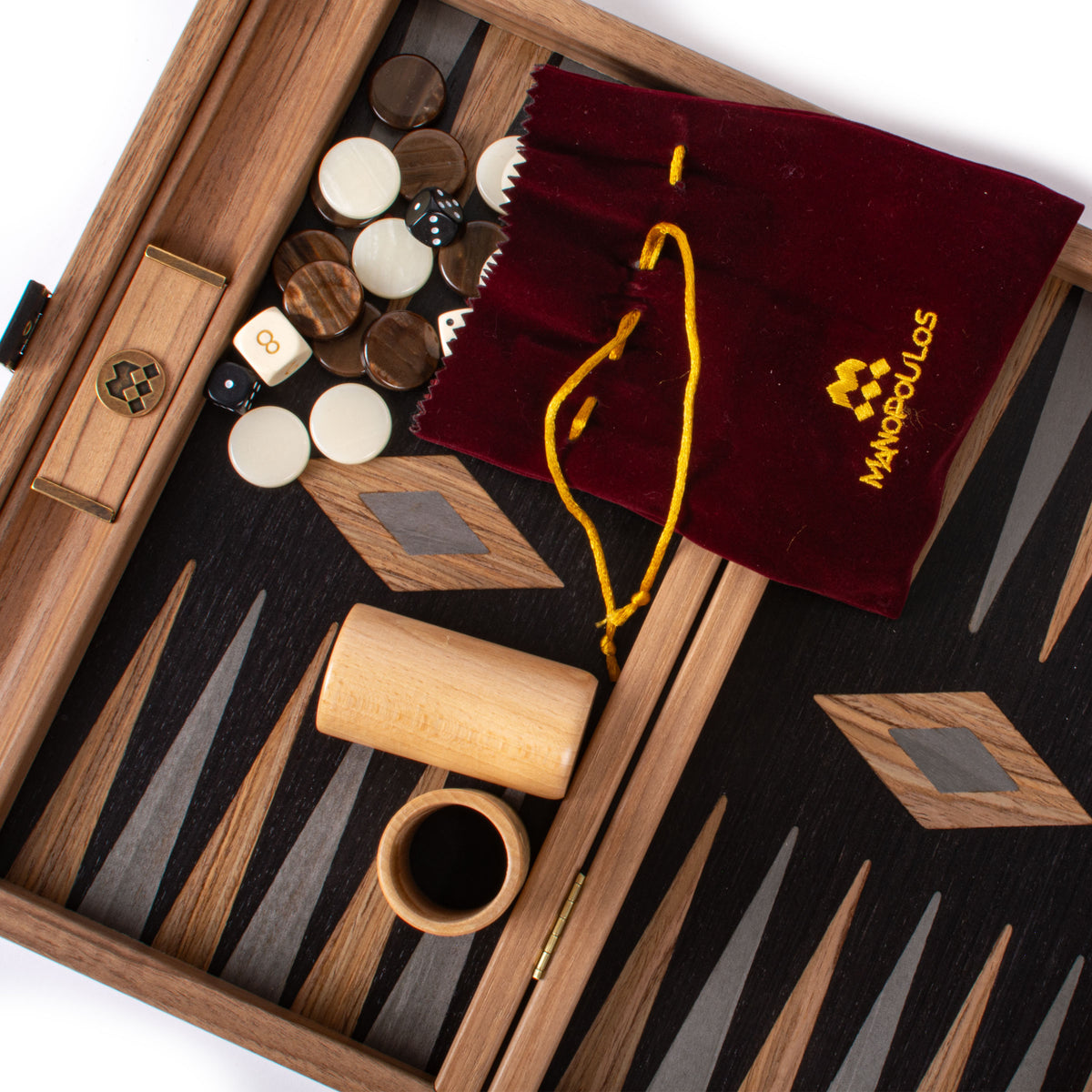 Premium handcrafted American walnut and black oak backgammon set with checkers dice cup and velvet pouch by MANOPOULOS Chess & Backgammon