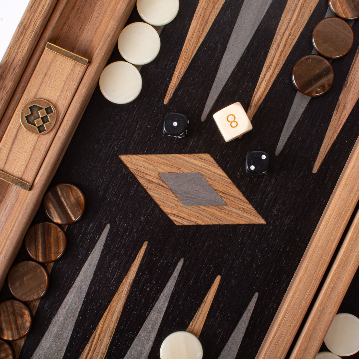 Premium handcrafted walnut and black oak backgammon set by MANOPOULOS Chess and Backgammon with wooden points polished checkers and dice