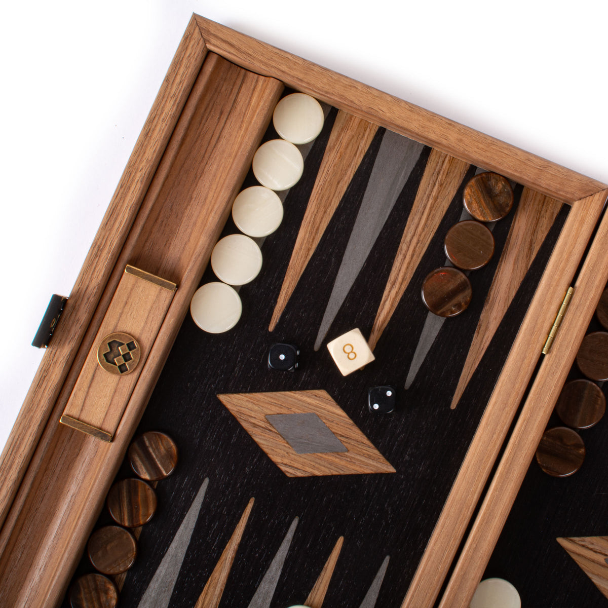 Open luxury backgammon set in American walnut and black oak with cream and brown checkers and dice by MANOPOULOS Chess & Backgammon