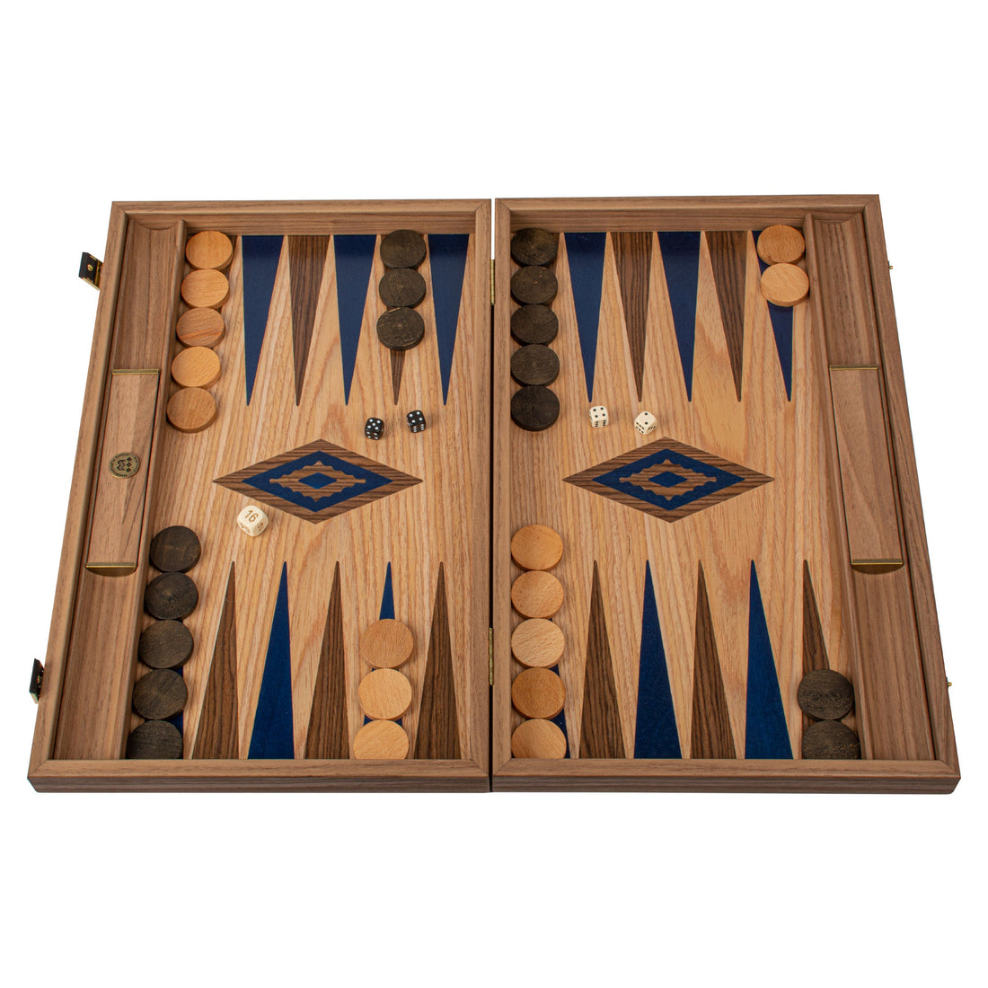 Handcrafted Oak/blue & American Walnut Backgammon Set with Side Racks - Elegant Marquetry Design - Premium Backgammon from MANOPOULOS Chess & Backgammon - Just €190! Shop now at MANOPOULOS Chess & Backgammon