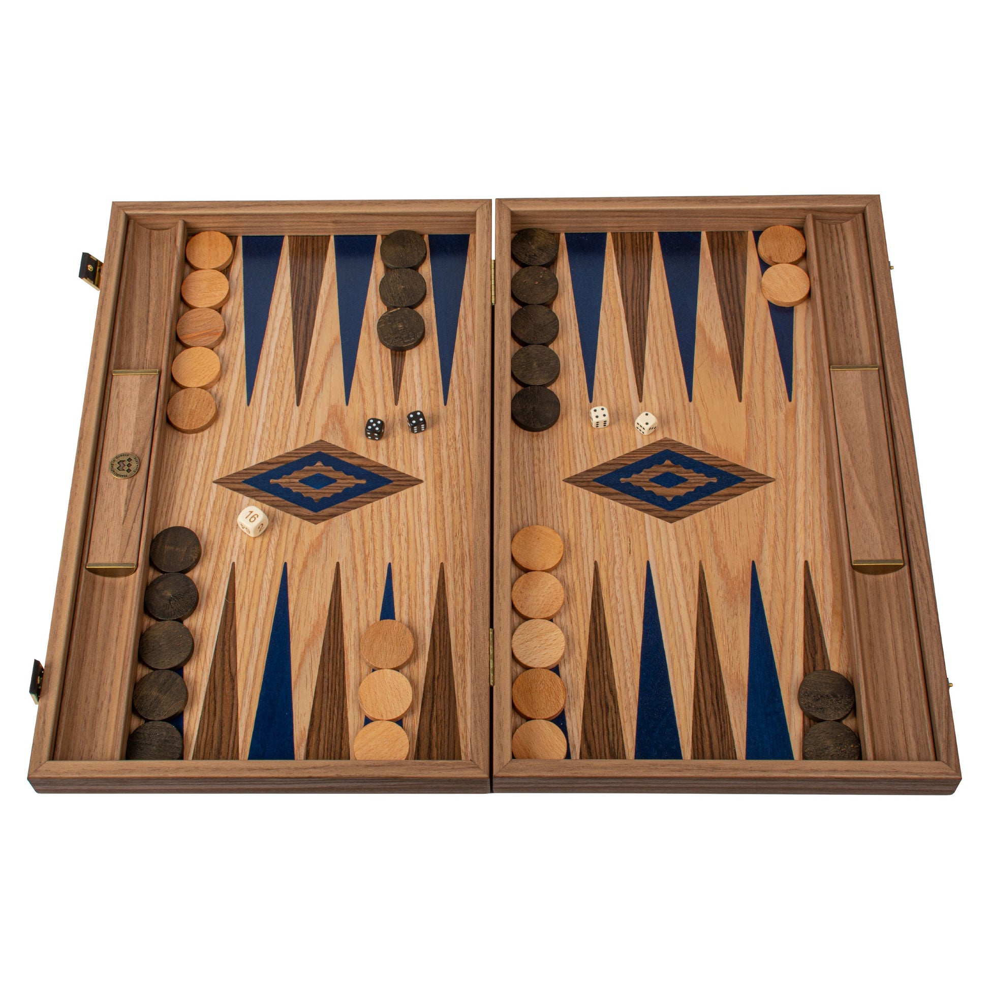 Handcrafted Oak/blue & American Walnut Backgammon Set with Side Racks - Elegant Marquetry Design - Premium Backgammon from MANOPOULOS Chess & Backgammon - Just €190! Shop now at MANOPOULOS Chess & Backgammon