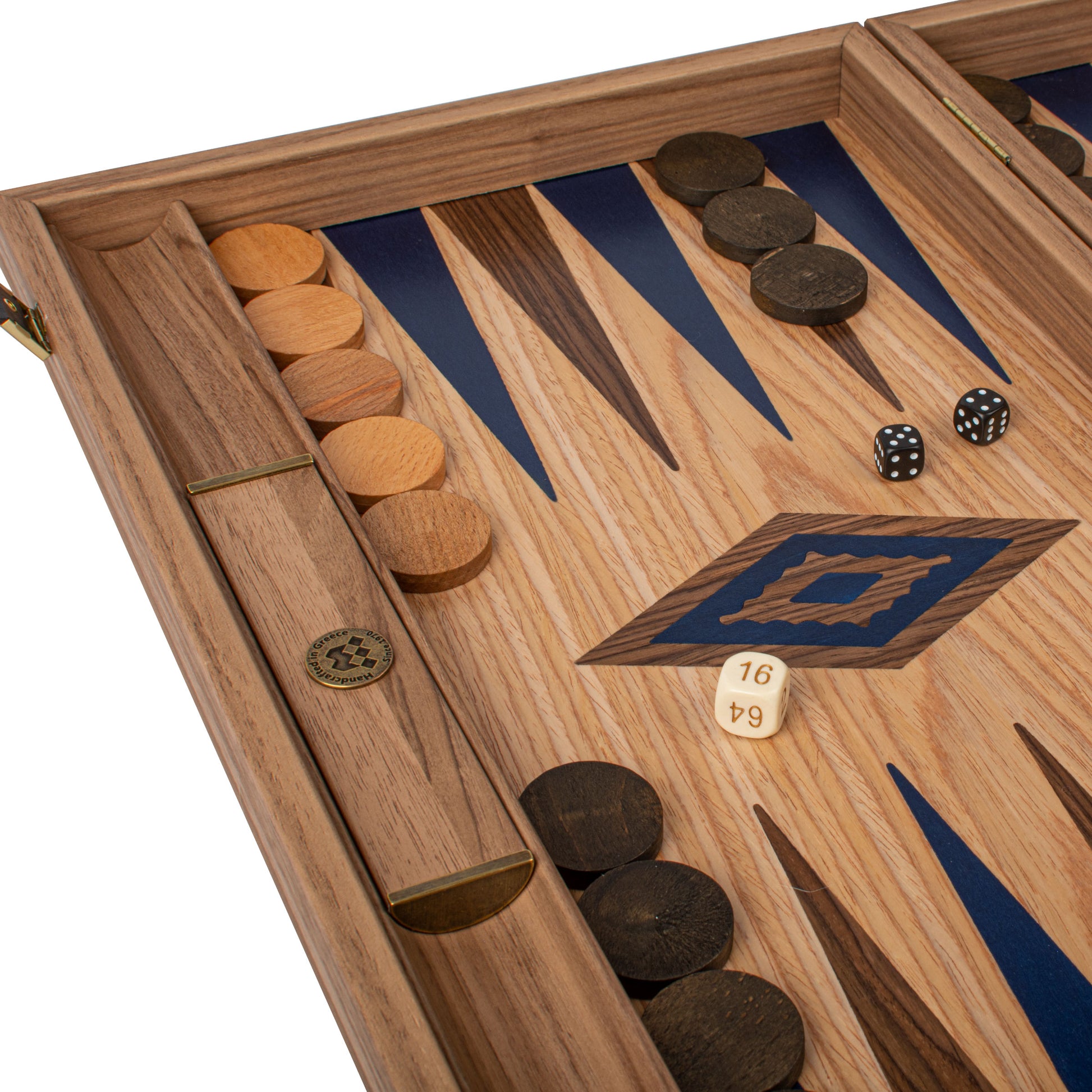 Handcrafted Oak/blue & American Walnut Backgammon Set with Side Racks - Elegant Marquetry Design - Premium Backgammon from MANOPOULOS Chess & Backgammon - Just €190! Shop now at MANOPOULOS Chess & Backgammon