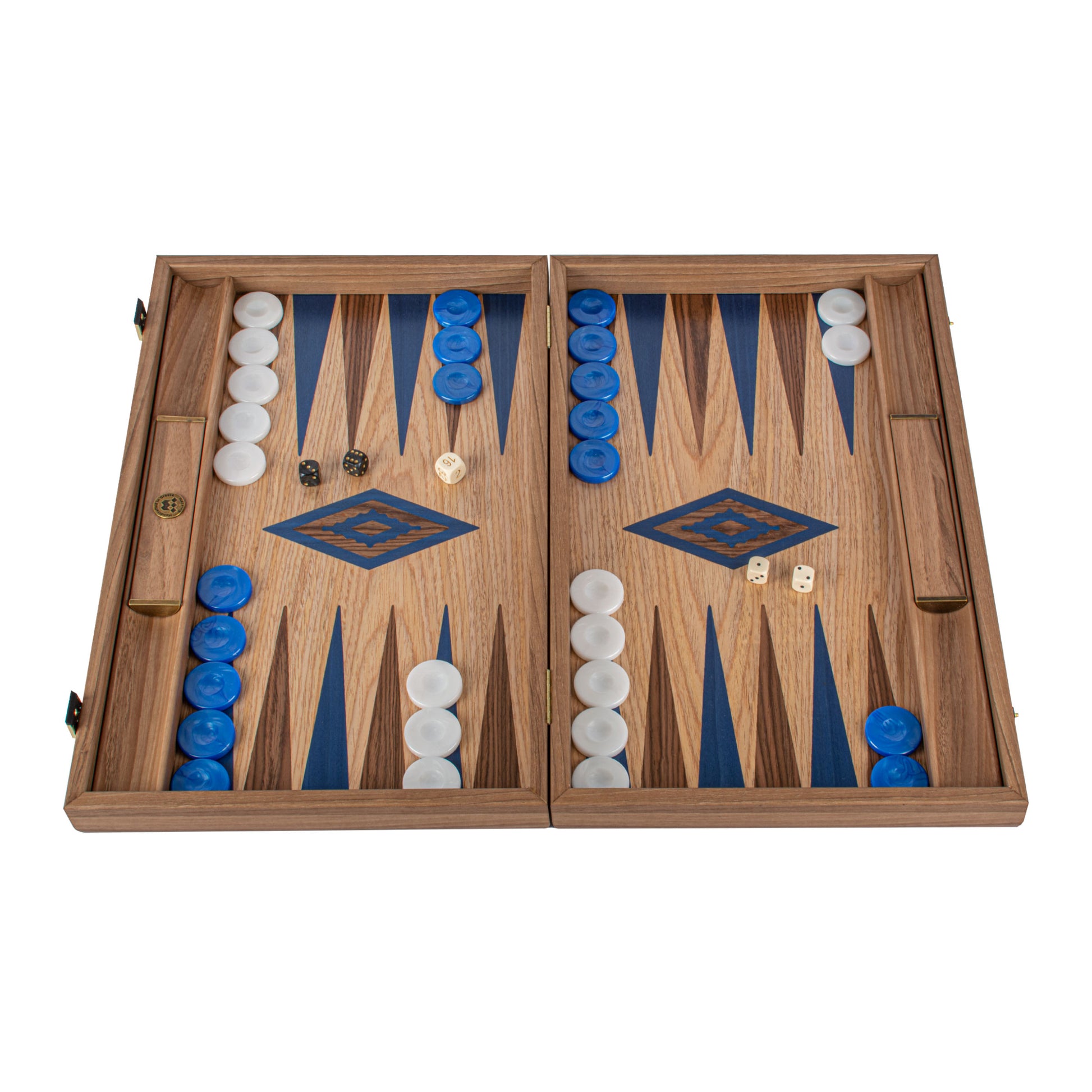 Handcrafted Oak/blue & American Walnut Backgammon Set with Side Racks - Elegant Marquetry Design by MANOPOULOS Chess & Backgammon, featuring premium Greek craftsmanship, artisan board games, and timeless luxury design. Handcrafted games, timeless design.