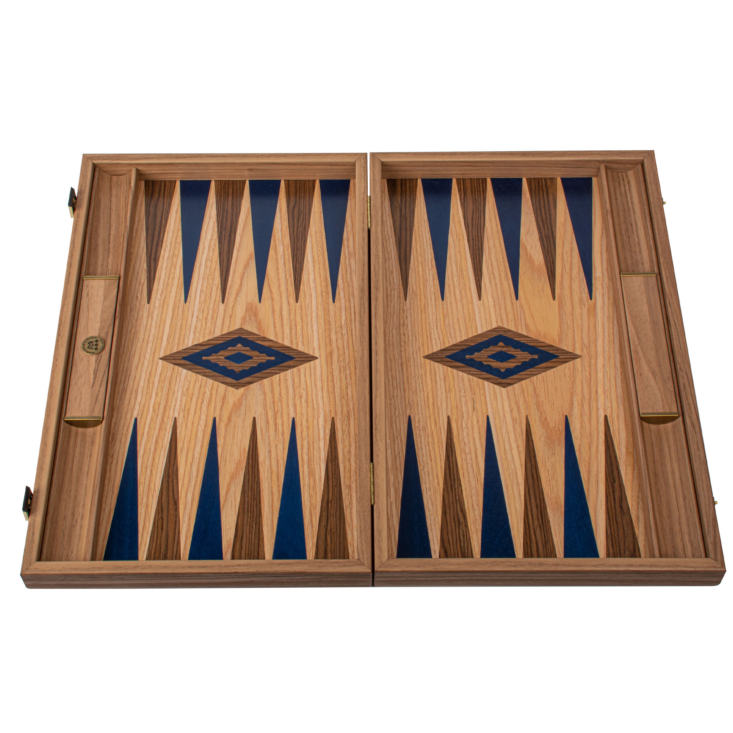 Handcrafted Oak/blue & American Walnut Backgammon Set with Side Racks - Elegant Marquetry Design - Premium Backgammon from MANOPOULOS Chess & Backgammon - Just €190! Shop now at MANOPOULOS Chess & Backgammon