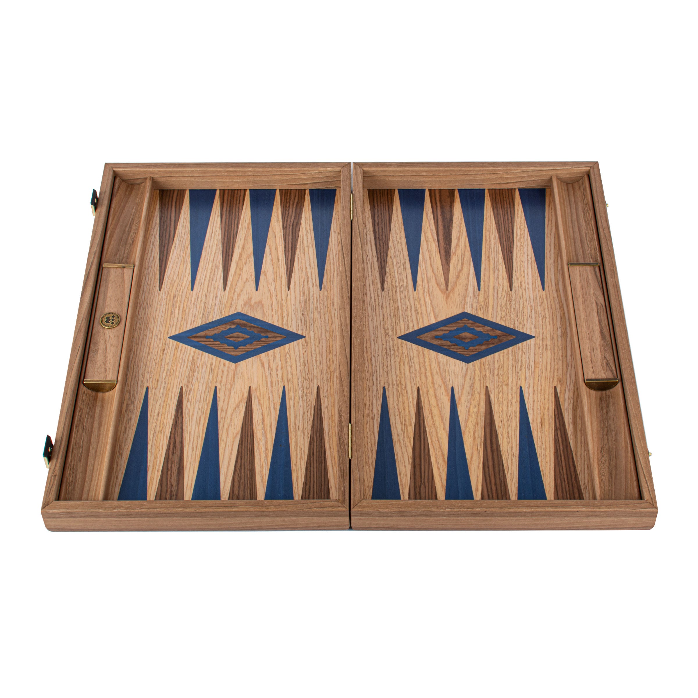 Handcrafted Oak/blue & American Walnut Backgammon Set with Side Racks - Elegant Marquetry Design showcasing premium Greek craftsmanship by MANOPOULOS Chess & Backgammon, combining traditional artistry and luxury board games. Handcrafted games, timeless design.