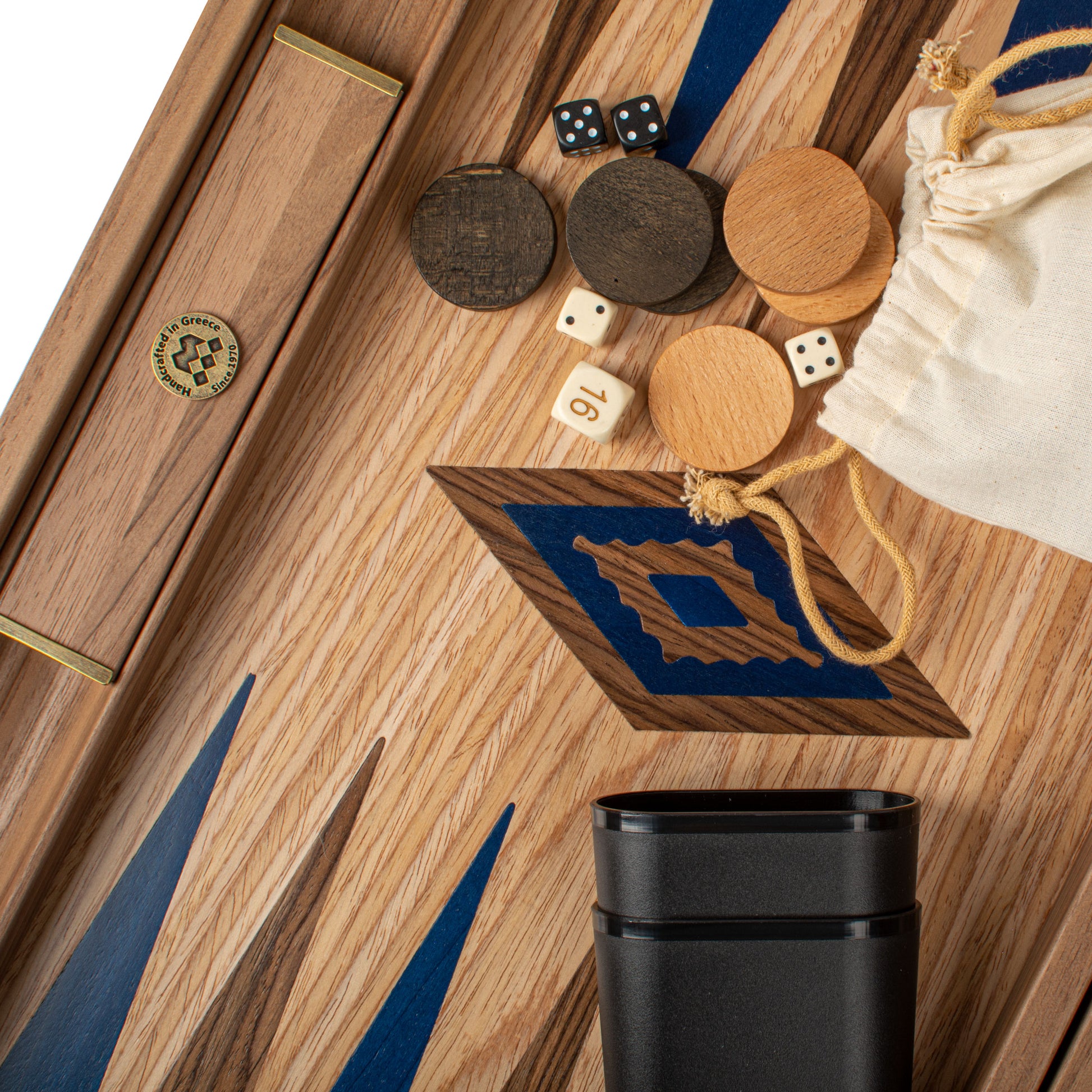 Handcrafted Oak/blue & American Walnut Backgammon Set with Side Racks - Elegant Marquetry Design - Premium Backgammon from MANOPOULOS Chess & Backgammon - Just €190! Shop now at MANOPOULOS Chess & Backgammon