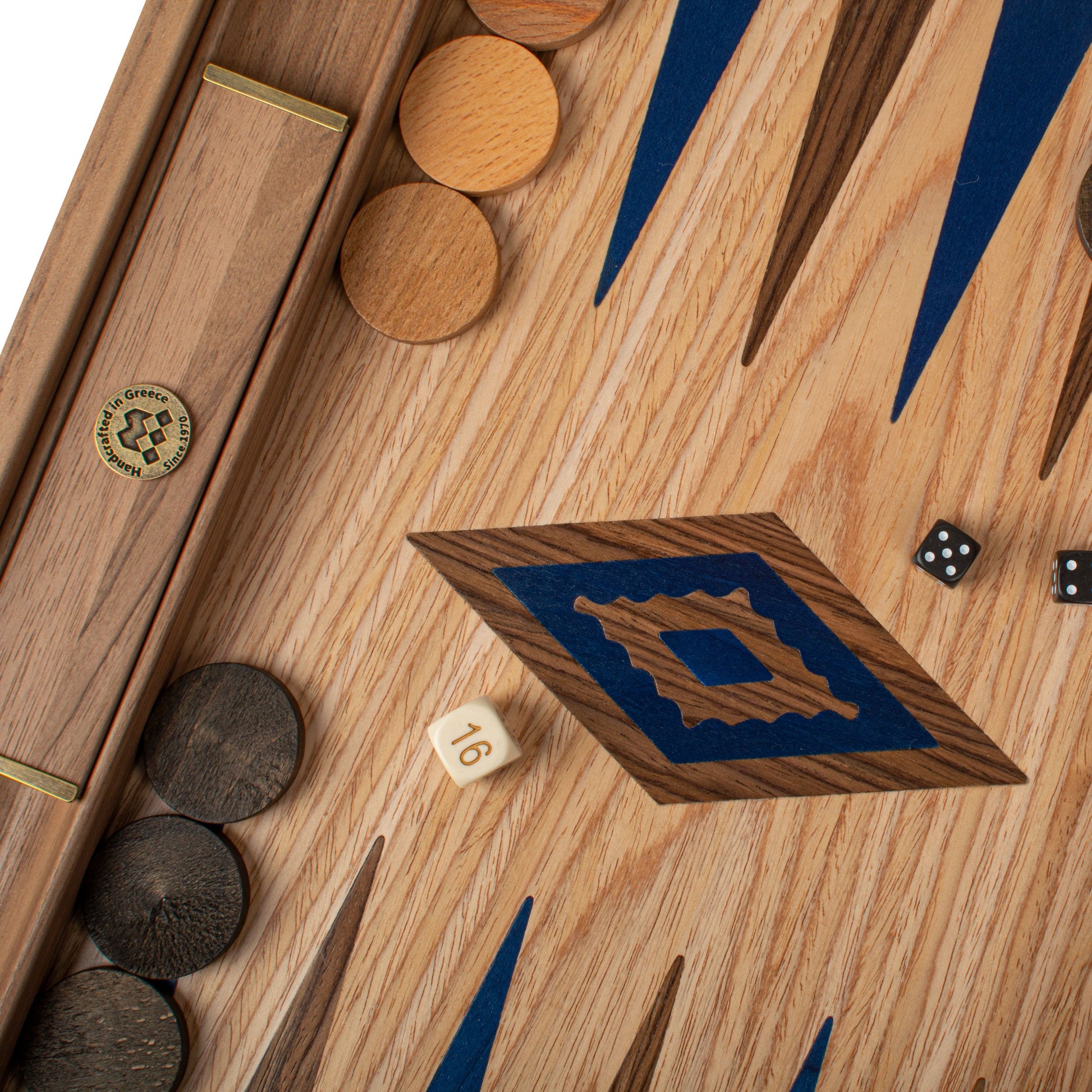 Handcrafted Oak/blue & American Walnut Backgammon Set with Side Racks - Elegant Marquetry Design - Premium Backgammon from MANOPOULOS Chess & Backgammon - Just €190! Shop now at MANOPOULOS Chess & Backgammon