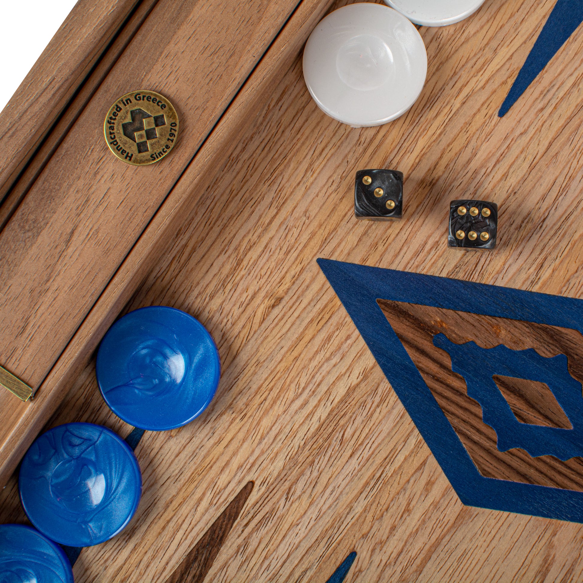 Handcrafted Oak/blue & American Walnut Backgammon Set with Side Racks - Elegant Marquetry Design by MANOPOULOS Chess & Backgammon, featuring Greek craftsmanship and artisan-made luxury board games with timeless design.