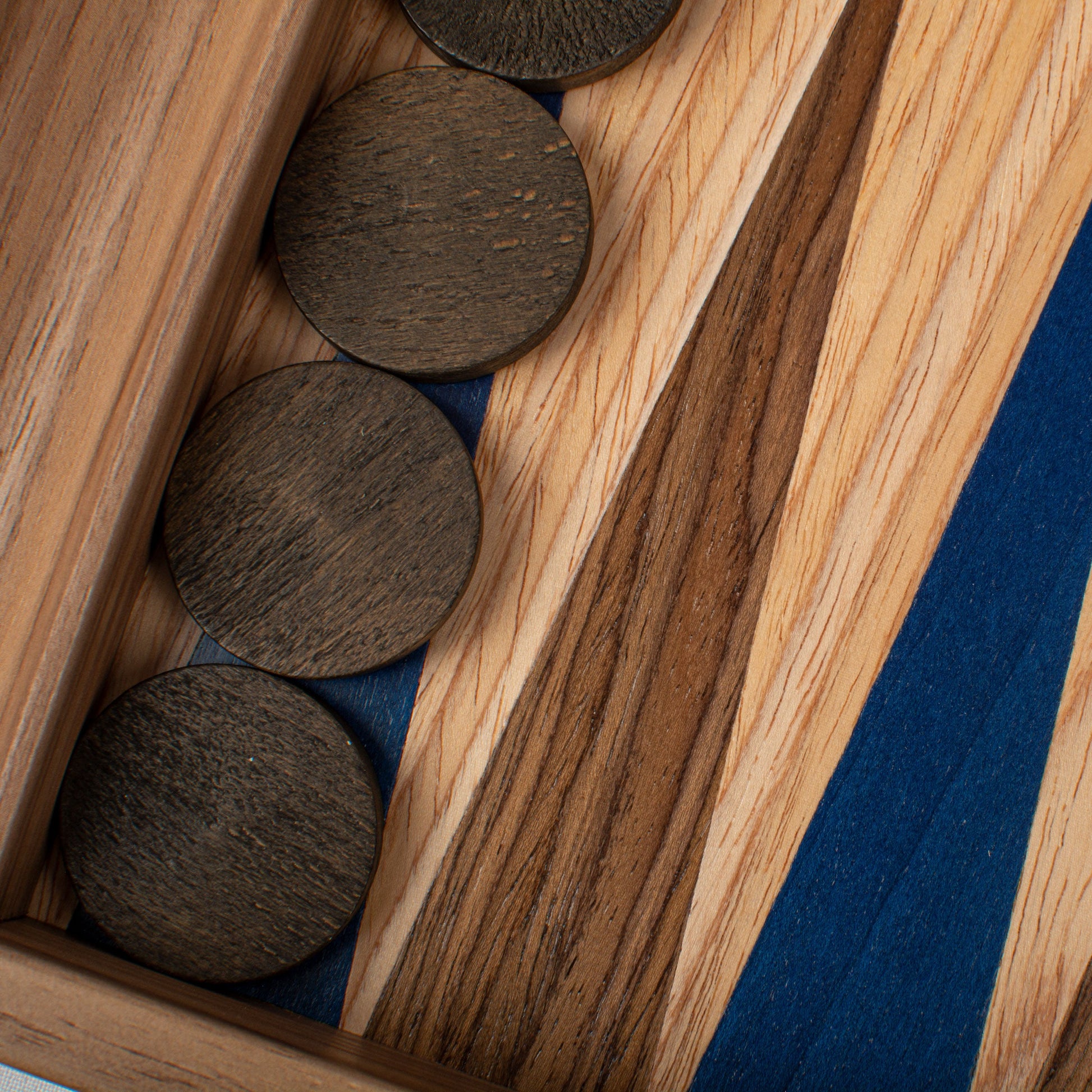 Handcrafted Oak/blue & American Walnut Backgammon Set with Side Racks - Elegant Marquetry Design - Premium Backgammon from MANOPOULOS Chess & Backgammon - Just €190! Shop now at MANOPOULOS Chess & Backgammon