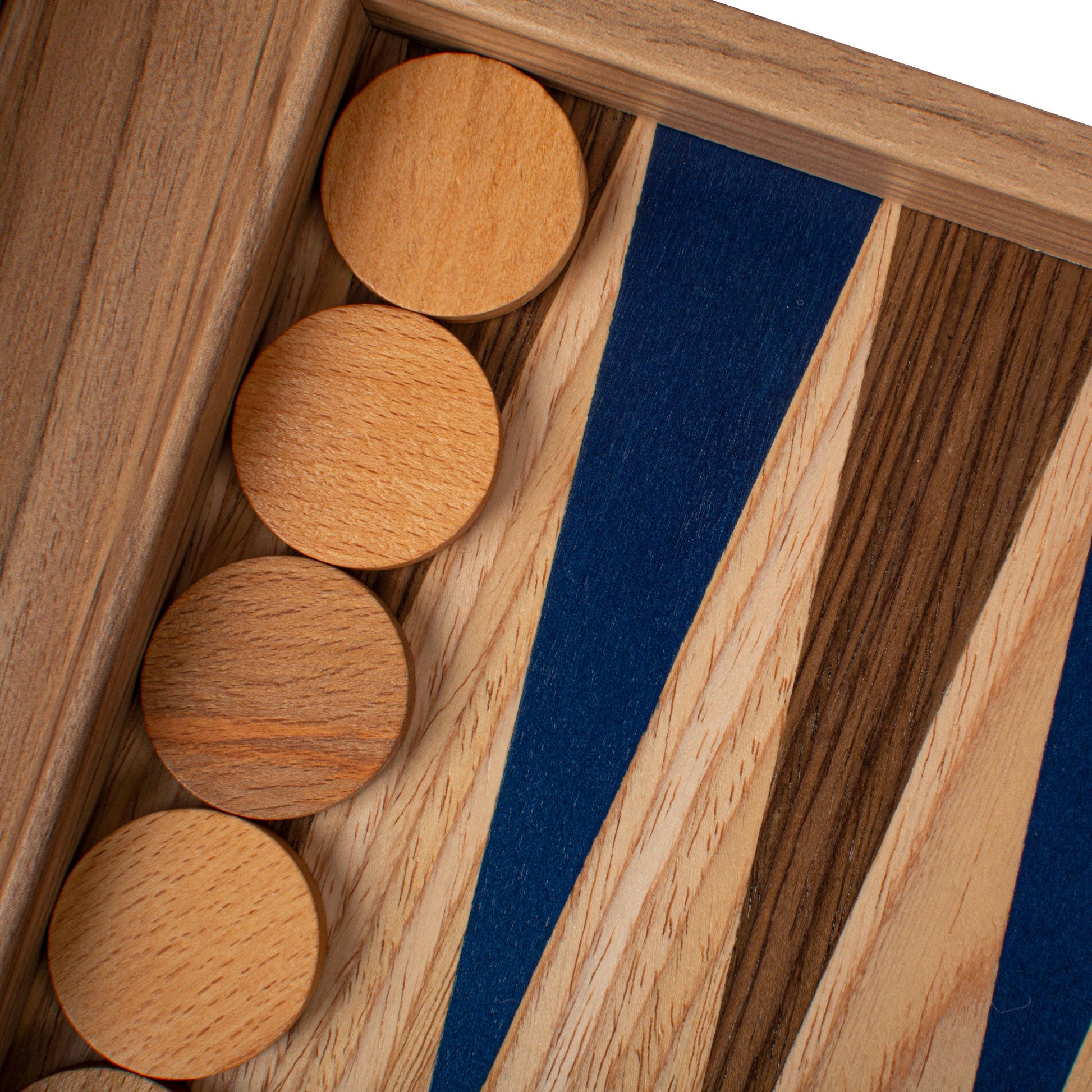 Handcrafted Oak/blue & American Walnut Backgammon Set with Side Racks - Elegant Marquetry Design - Premium Backgammon from MANOPOULOS Chess & Backgammon - Just €190! Shop now at MANOPOULOS Chess & Backgammon