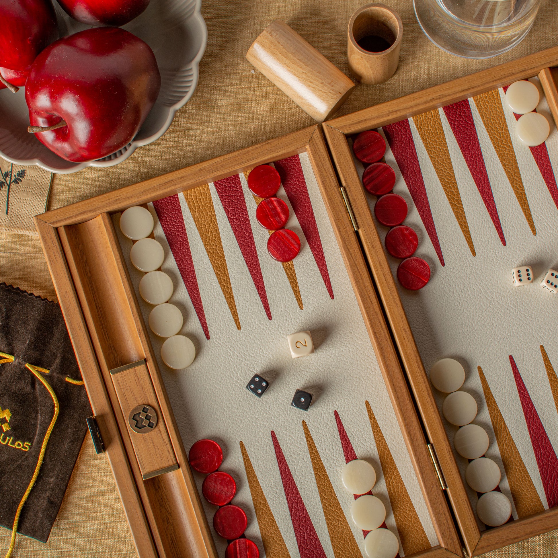 Premium Handcrafted Knitted Leather Backgammon Set in Red colour - Premium Backgammon from MANOPOULOS Chess & Backgammon - Just €192! Shop now at MANOPOULOS Chess & Backgammon