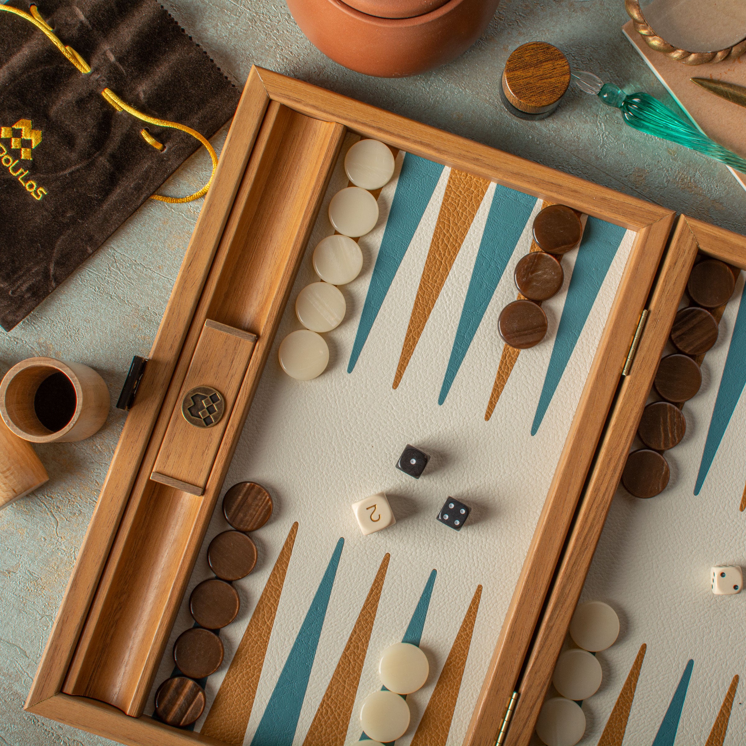 Premium Handcrafted Knitted Leather Backgammon Set in Turquoise colour - Premium Backgammon from MANOPOULOS Chess & Backgammon - Just €192! Shop now at MANOPOULOS Chess & Backgammon