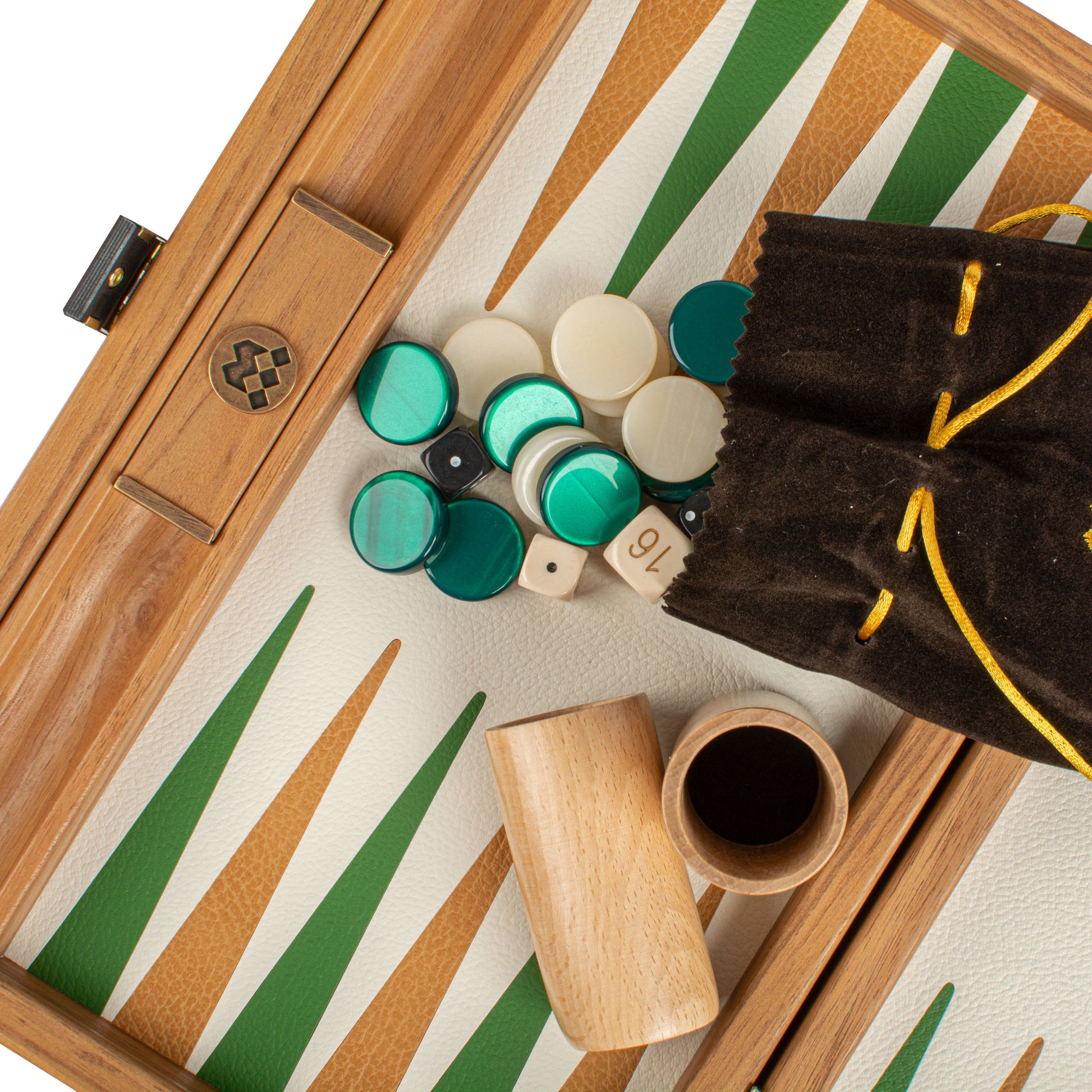 Premium Handcrafted Knitted Leather Backgammon Set in Green colour - Premium Backgammon from MANOPOULOS Chess & Backgammon - Just €192! Shop now at MANOPOULOS Chess & Backgammon