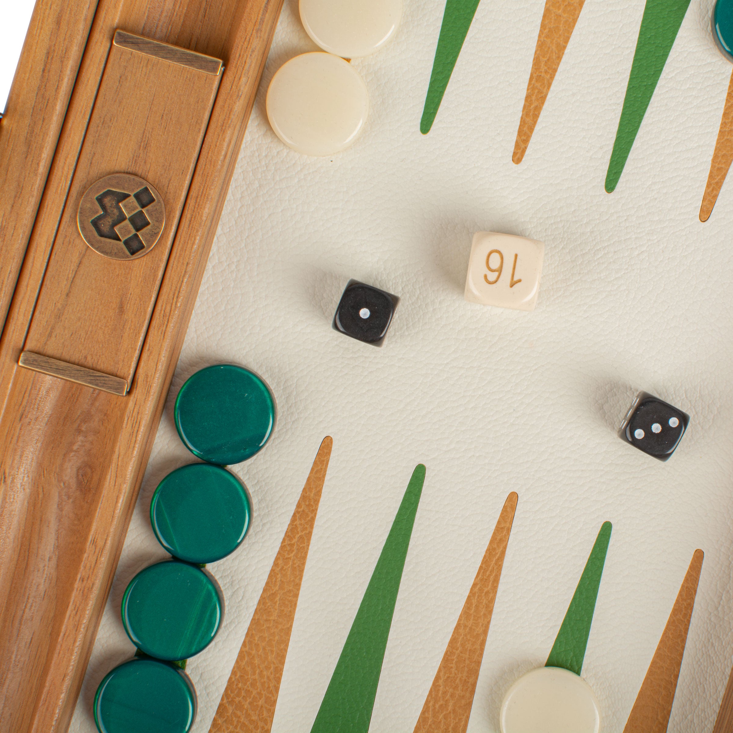 Premium Handcrafted Knitted Leather Backgammon Set in Green colour - Premium Backgammon from MANOPOULOS Chess & Backgammon - Just €192! Shop now at MANOPOULOS Chess & Backgammon