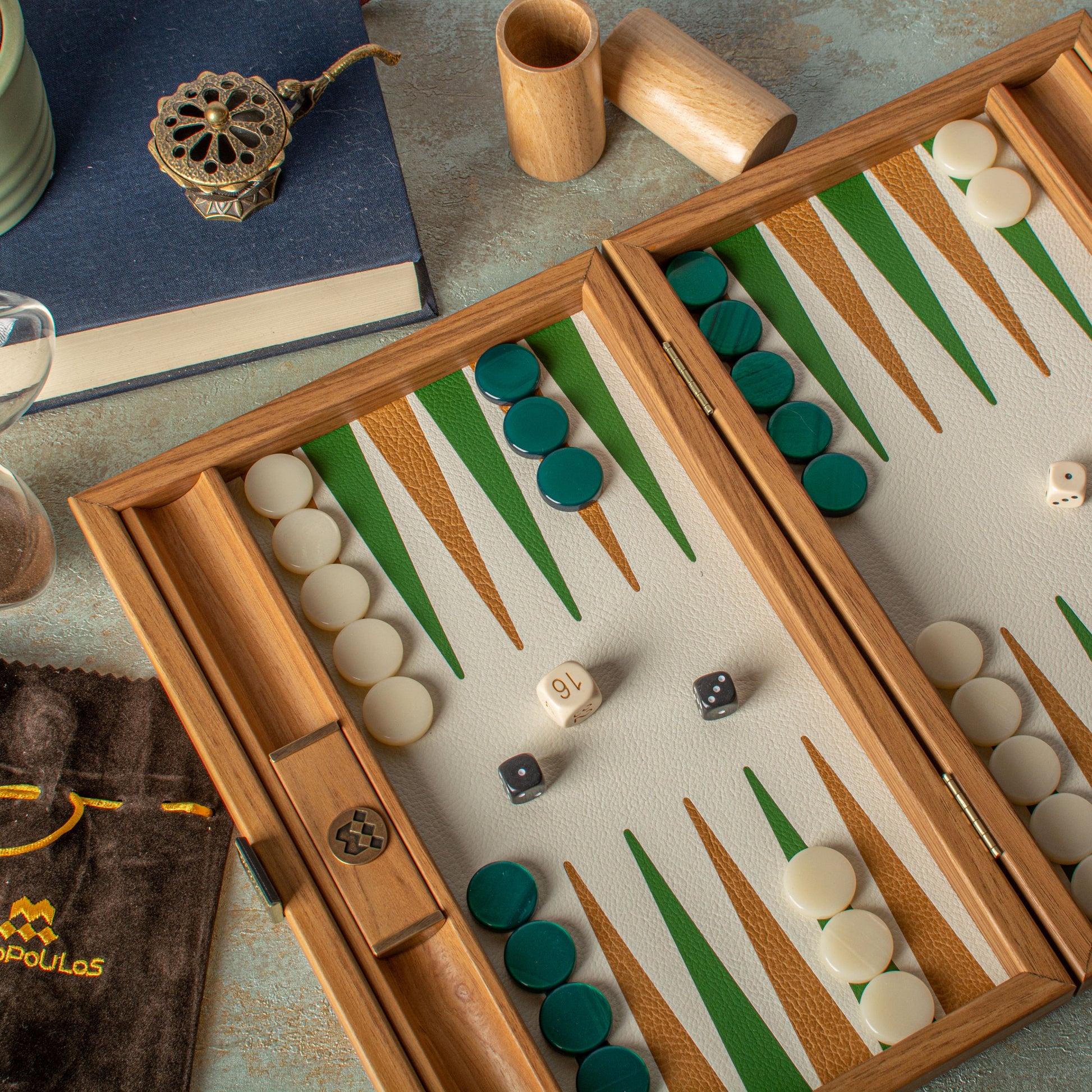Premium Handcrafted Knitted Leather Backgammon Set in Green colour - Premium Backgammon from MANOPOULOS Chess & Backgammon - Just €192! Shop now at MANOPOULOS Chess & Backgammon