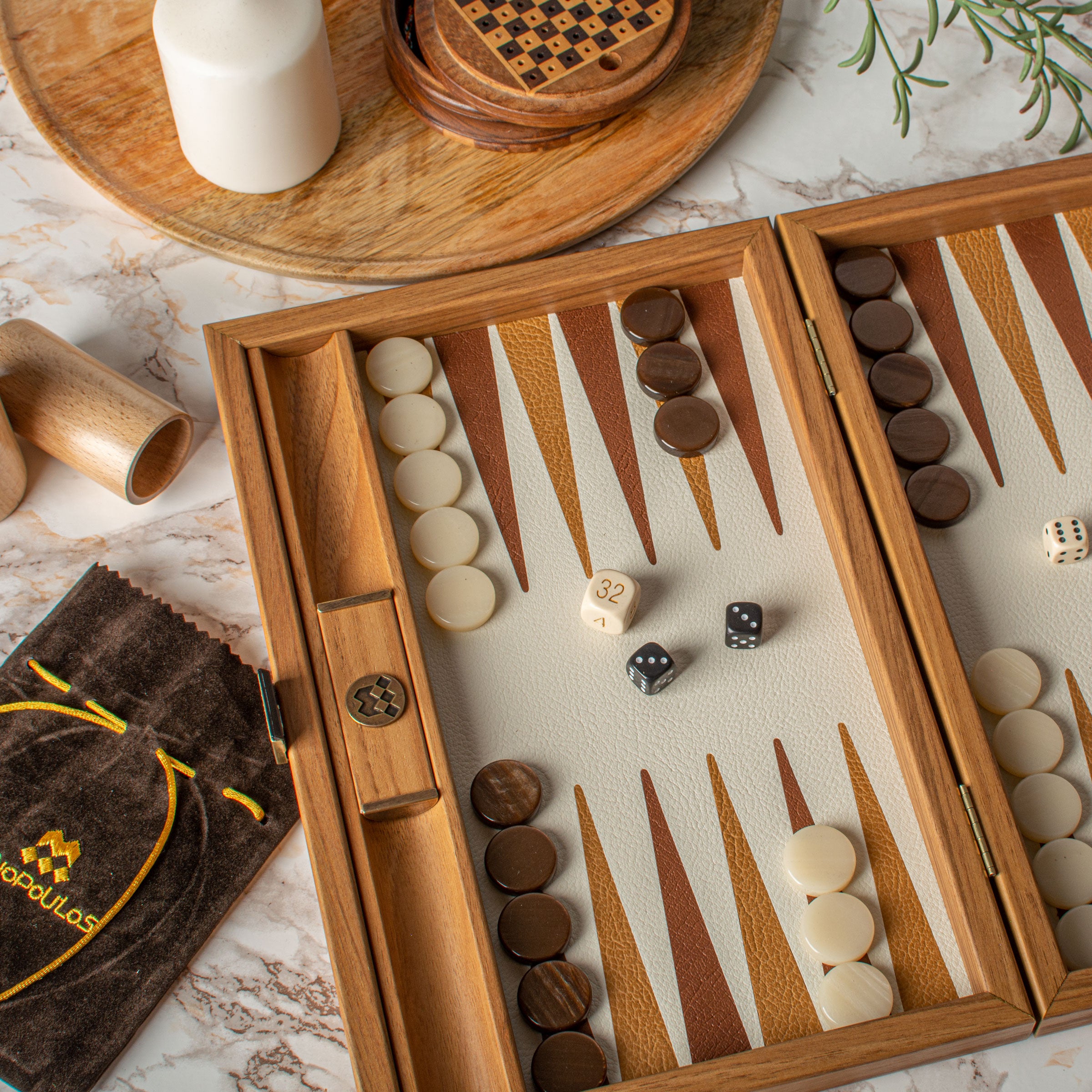 Premium Handcrafted Knitted Leather Backgammon Set in Mustard colour - Premium Backgammon from MANOPOULOS Chess & Backgammon - Just €192! Shop now at MANOPOULOS Chess & Backgammon