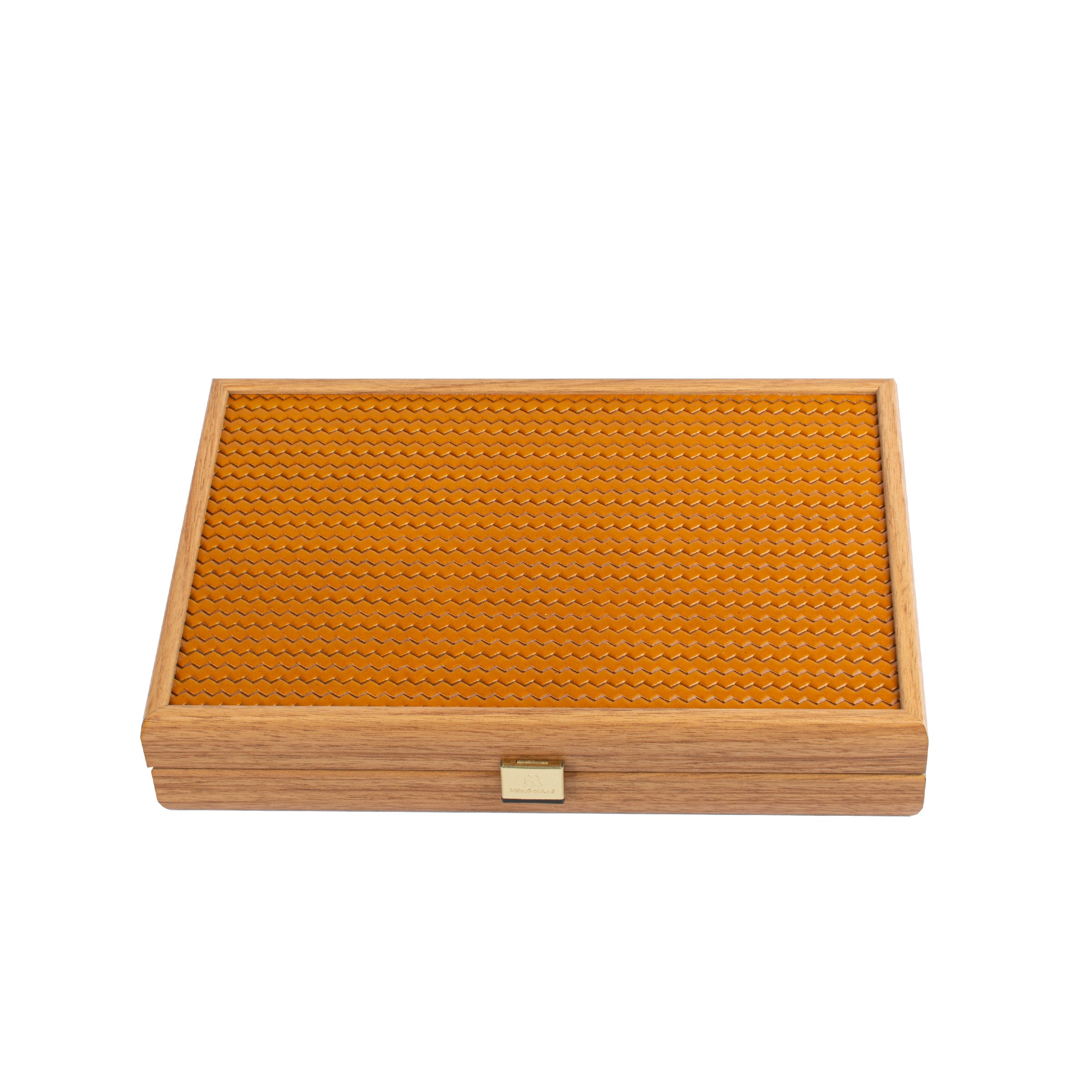 Premium Handcrafted Knitted Leather Backgammon Set in Mustard colour - Premium Backgammon from MANOPOULOS Chess & Backgammon - Just €192! Shop now at MANOPOULOS Chess & Backgammon