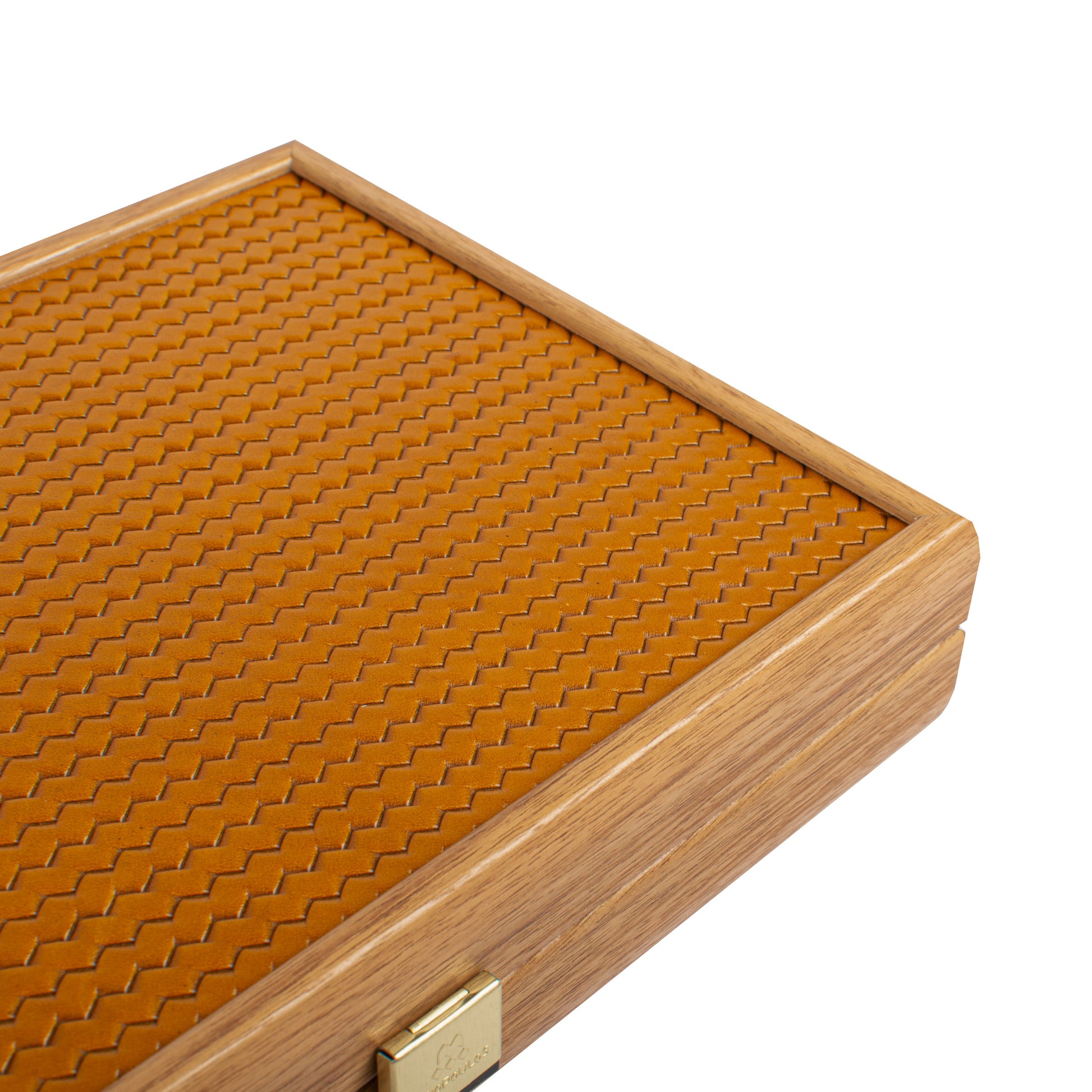 Premium Handcrafted Knitted Leather Backgammon Set in Mustard colour - Premium Backgammon from MANOPOULOS Chess & Backgammon - Just €192! Shop now at MANOPOULOS Chess & Backgammon