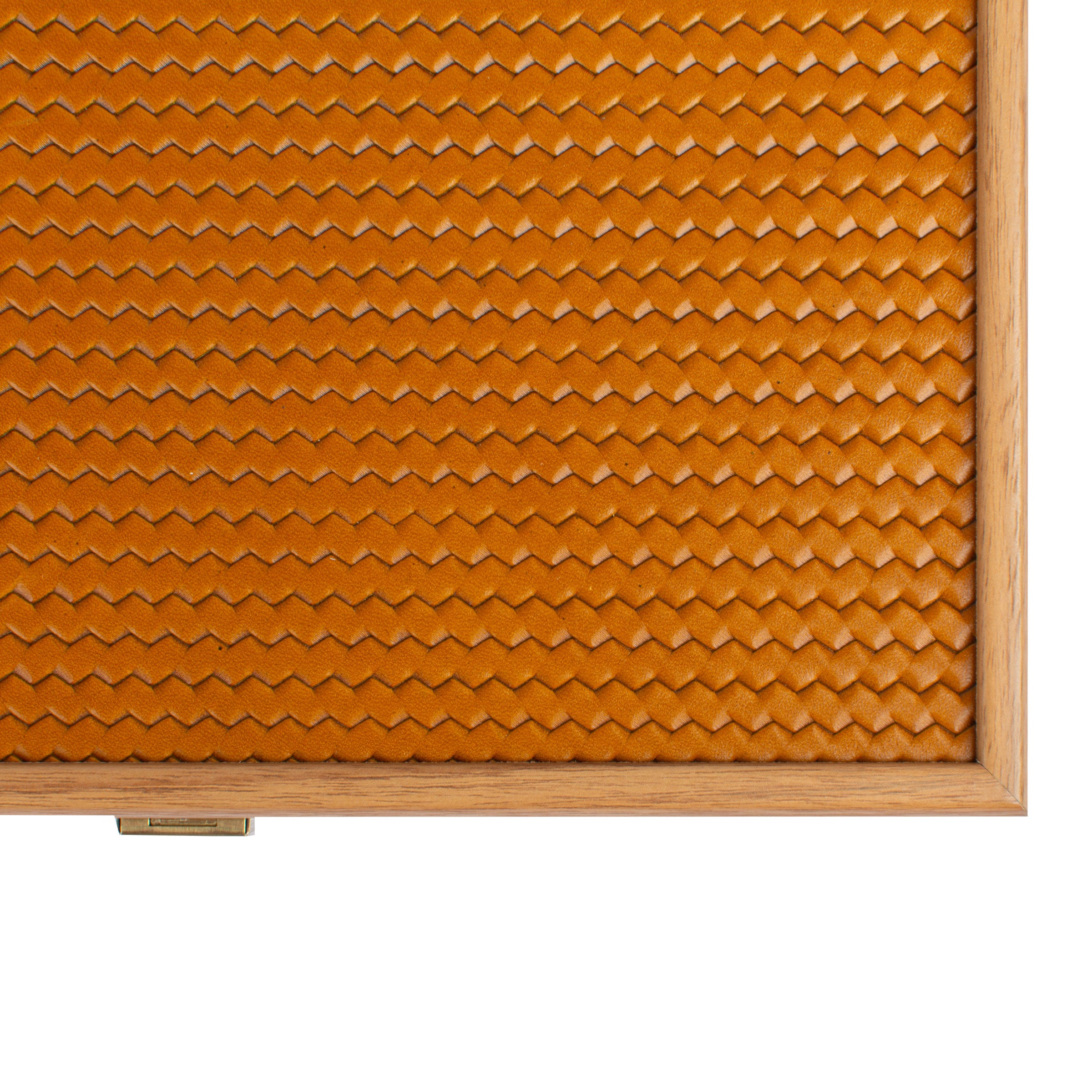 Premium Handcrafted Knitted Leather Backgammon Set in Mustard colour - Premium Backgammon from MANOPOULOS Chess & Backgammon - Just €192! Shop now at MANOPOULOS Chess & Backgammon