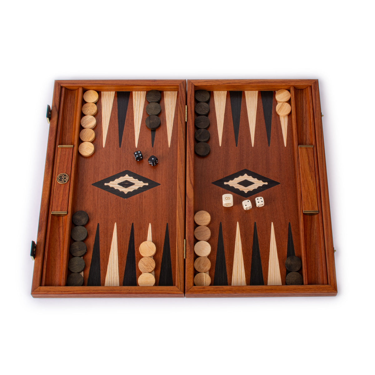 Handcrafted mahogany backgammon set with side racks and elegant marquetry board design by MANOPOULOS Chess and Backgammon for luxury game nights and decor
