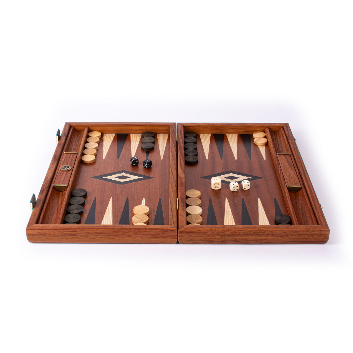 Open mahogany backgammon set with side racks marquetry board wooden pieces and dice showcasing handcrafted Greek craftsmanship by MANOPOULOS Chess and Backgammon
