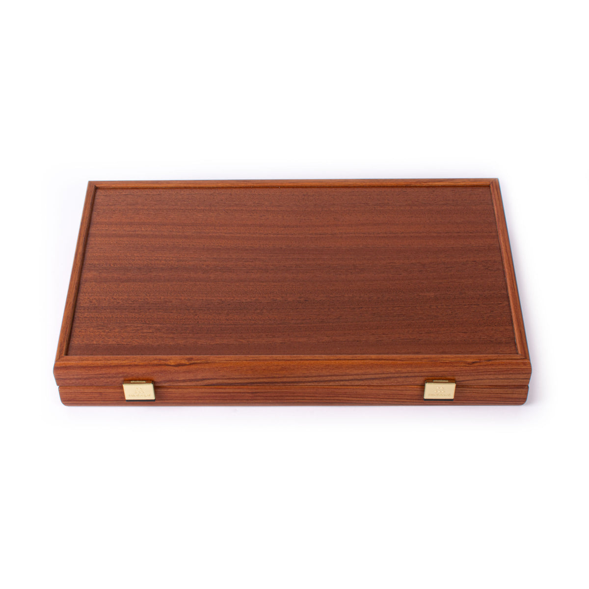 Closed handcrafted mahogany backgammon set with rich wood grain and brass clasps by MANOPOULOS Chess and Backgammon Greek craftsmanship and timeless design