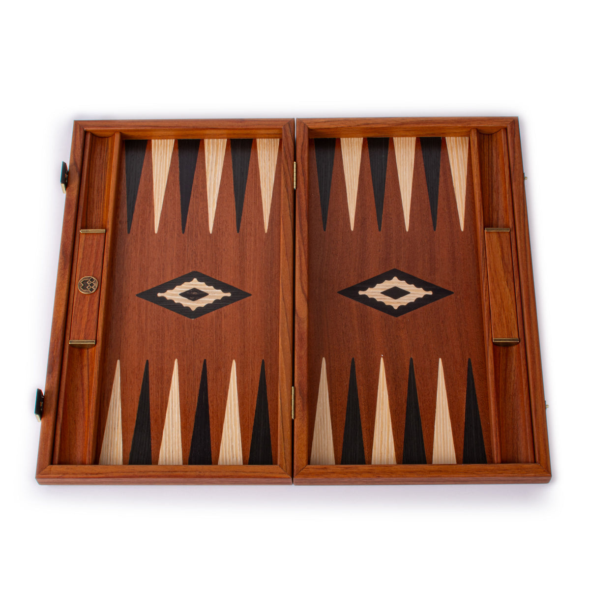 Open mahogany backgammon board with elegant marquetry points and side racks by Manopoulos Chess and Backgammon, showcasing Greek craftsmanship and timeless design