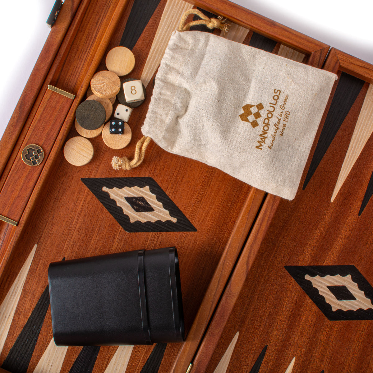 Open handcrafted mahogany backgammon set with marquetry board wooden pieces dice and storage pouch by MANOPOULOS Chess and Backgammon Greek craftsmanship